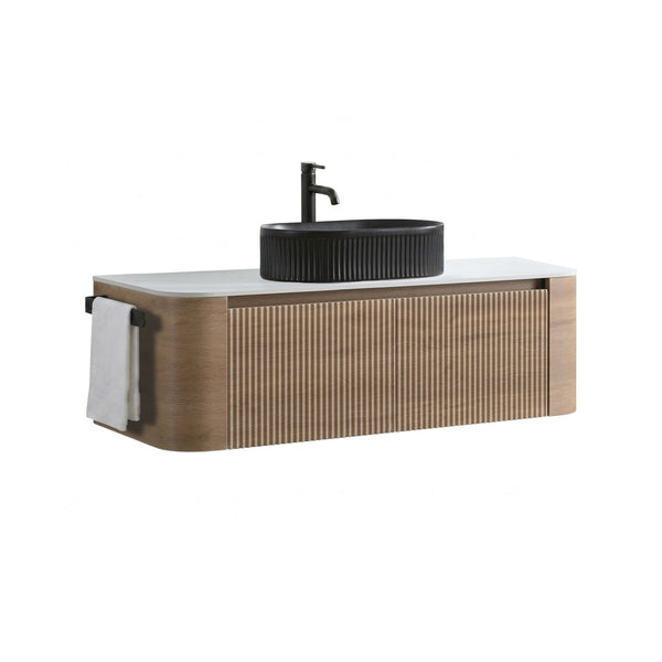 English Elm Erba 48 Inch Fluted Wall Mount Bathroom Vanity with Oval Ceramic Basin and Towel Rack Honey Oak Black W1865S00296