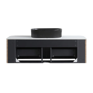English Elm Erba 48 Inch Fluted Wall Mount Bathroom Vanity with Oval Ceramic Basin and Towel Rack Honey Oak Black W1865S00296