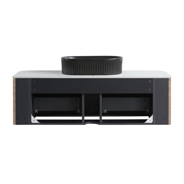 English Elm Erba 48 Inch Fluted Wall Mount Bathroom Vanity with Oval Ceramic Basin and Towel Rack Honey Oak Black W1865S00296