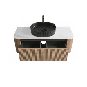 English Elm Erba 48 Inch Fluted Wall Mount Bathroom Vanity with Oval Ceramic Basin and Towel Rack Honey Oak Black W1865S00296