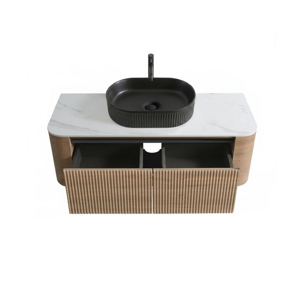 English Elm Erba 48 Inch Fluted Wall Mount Bathroom Vanity with Oval Ceramic Basin and Towel Rack Honey Oak Black W1865S00296