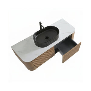 English Elm Erba 48 Inch Fluted Wall Mount Bathroom Vanity with Oval Ceramic Basin and Towel Rack Honey Oak Black W1865S00296
