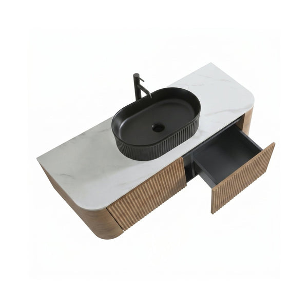 English Elm Erba 48 Inch Fluted Wall Mount Bathroom Vanity with Oval Ceramic Basin and Towel Rack Honey Oak Black W1865S00296