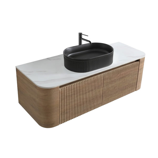 English Elm Erba 48 Inch Fluted Wall Mount Bathroom Vanity with Oval Ceramic Basin and Towel Rack Honey Oak Black W1865S00296