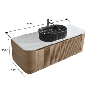 English Elm Erba 48 Inch Fluted Wall Mount Bathroom Vanity with Oval Ceramic Basin and Towel Rack Honey Oak Black W1865S00296