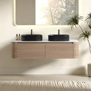 English Elm Erba 60 Inch Double Sink Bathroom Vanity Fluted Panels Oval Ceramic Basins Spa Style Honey Oak Black W1865S00297