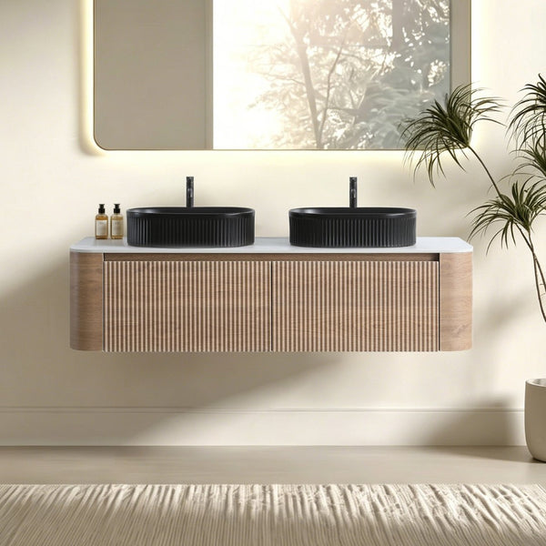 English Elm Erba 60 Inch Double Sink Bathroom Vanity Fluted Panels Oval Ceramic Basins Spa Style Honey Oak Black W1865S00297