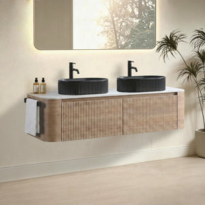 English Elm Erba 60 Inch Double Sink Bathroom Vanity Fluted Panels Oval Ceramic Basins Spa Style Honey Oak Black W1865S00297