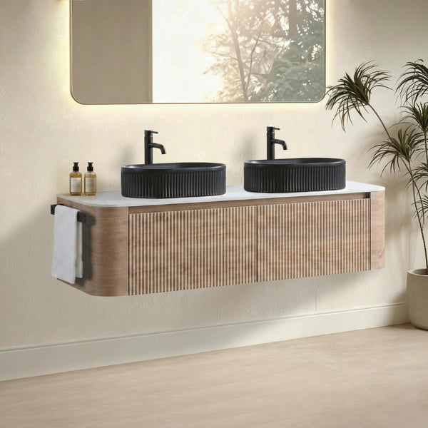 English Elm Erba 60 Inch Double Sink Bathroom Vanity Fluted Panels Oval Ceramic Basins Spa Style Honey Oak Black W1865S00297