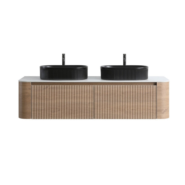 English Elm Erba 60 Inch Double Sink Bathroom Vanity Fluted Panels Oval Ceramic Basins Spa Style Honey Oak Black W1865S00297