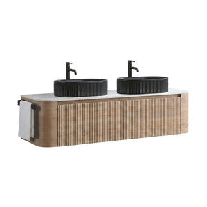 English Elm Erba 60 Inch Double Sink Bathroom Vanity Fluted Panels Oval Ceramic Basins Spa Style Honey Oak Black W1865S00297