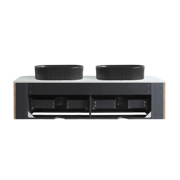 English Elm Erba 60 Inch Double Sink Bathroom Vanity Fluted Panels Oval Ceramic Basins Spa Style Honey Oak Black W1865S00297