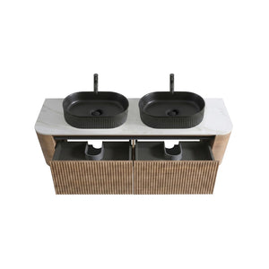 English Elm Erba 60 Inch Double Sink Bathroom Vanity Fluted Panels Oval Ceramic Basins Spa Style Honey Oak Black W1865S00297