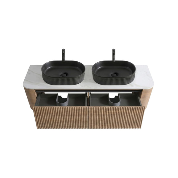 English Elm Erba 60 Inch Double Sink Bathroom Vanity Fluted Panels Oval Ceramic Basins Spa Style Honey Oak Black W1865S00297