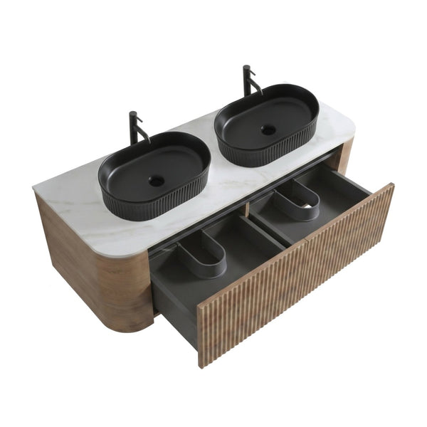 English Elm Erba 60 Inch Double Sink Bathroom Vanity Fluted Panels Oval Ceramic Basins Spa Style Honey Oak Black W1865S00297