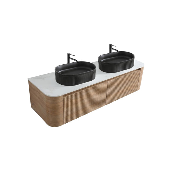 English Elm Erba 60 Inch Double Sink Bathroom Vanity Fluted Panels Oval Ceramic Basins Spa Style Honey Oak Black W1865S00297