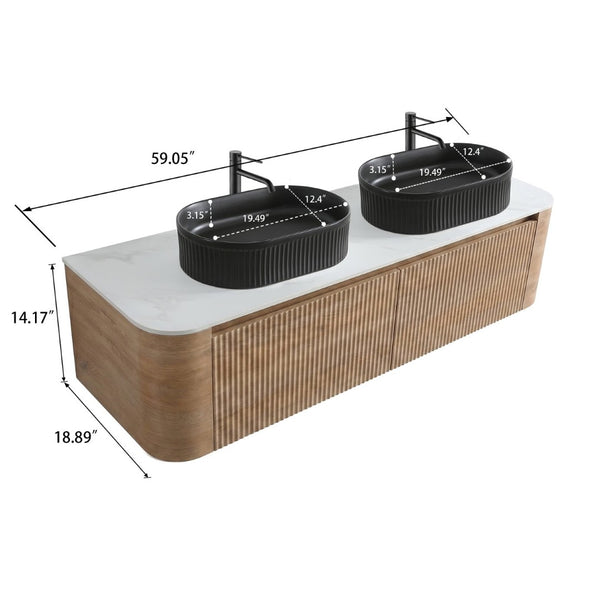 English Elm Erba 60 Inch Double Sink Bathroom Vanity Fluted Panels Oval Ceramic Basins Spa Style Honey Oak Black W1865S00297