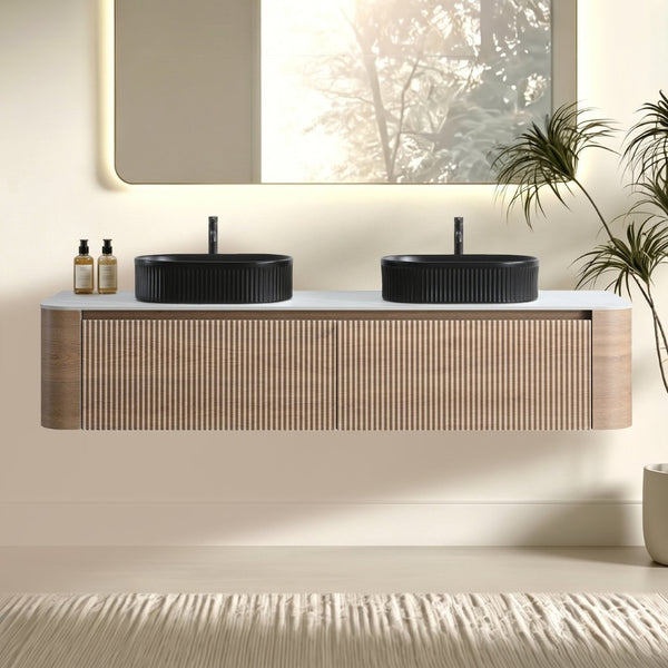 English Elm Erba 72 Inch Double Sink Bathroom Vanity Fluted Cabinet with Sintered Stone Top Honey Oak Black W1865S00298