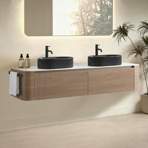 English Elm Erba 72 Inch Double Sink Bathroom Vanity Fluted Cabinet with Sintered Stone Top Honey Oak Black W1865S00298