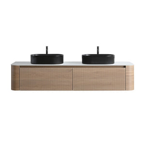 English Elm Erba 72 Inch Double Sink Bathroom Vanity Fluted Cabinet with Sintered Stone Top Honey Oak Black W1865S00298