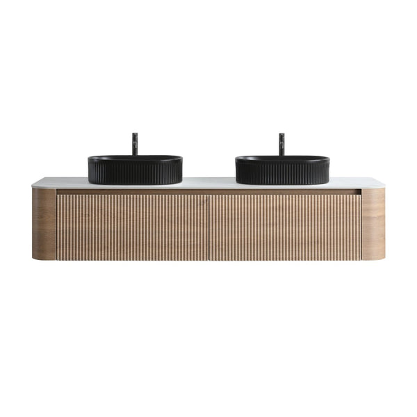 English Elm Erba 72 Inch Double Sink Bathroom Vanity Fluted Cabinet with Sintered Stone Top Honey Oak Black W1865S00298