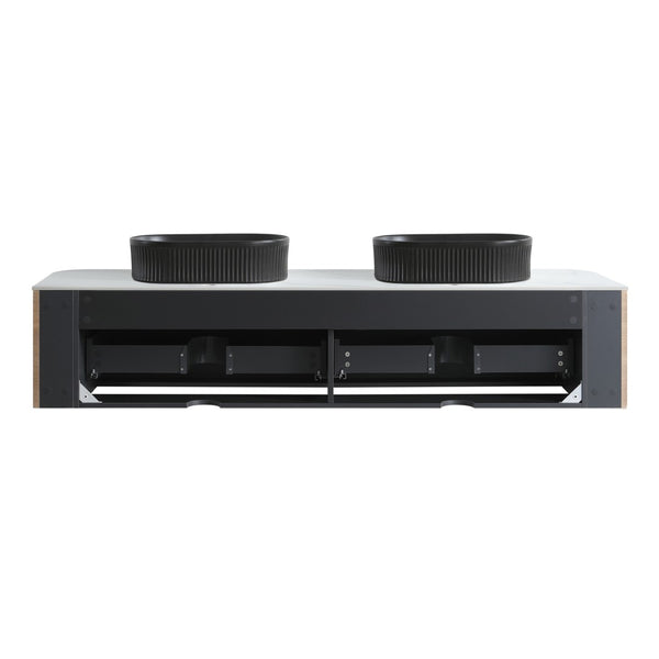 English Elm Erba 72 Inch Double Sink Bathroom Vanity Fluted Cabinet with Sintered Stone Top Honey Oak Black W1865S00298