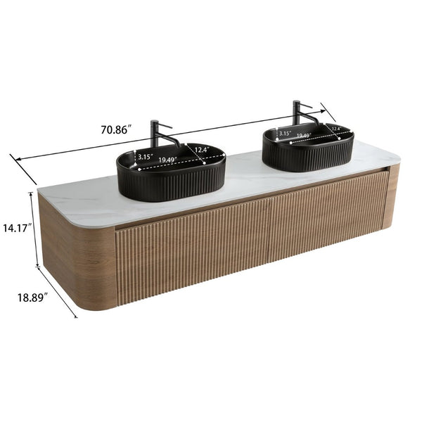 English Elm Erba 72 Inch Double Sink Bathroom Vanity Fluted Cabinet with Sintered Stone Top Honey Oak Black W1865S00298