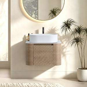 English Elm Erba 24 Inch Fluted Wall Mount Bathroom Vanity with Oval Ceramic Sink and Towel Rack Honey Oak White W1865S00299