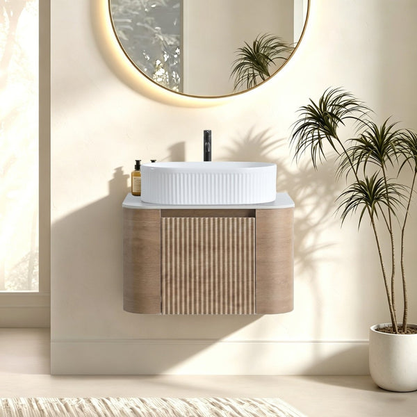 English Elm Erba 24 Inch Fluted Wall Mount Bathroom Vanity with Oval Ceramic Sink and Towel Rack Honey Oak White W1865S00299