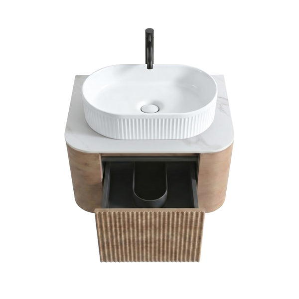 English Elm Erba 24 Inch Fluted Wall Mount Bathroom Vanity with Oval Ceramic Sink and Towel Rack Honey Oak White W1865S00299