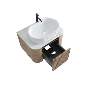 English Elm Erba 24 Inch Fluted Wall Mount Bathroom Vanity with Oval Ceramic Sink and Towel Rack Honey Oak White W1865S00299