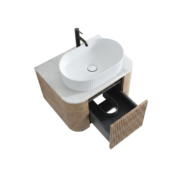 English Elm Erba 24 Inch Fluted Wall Mount Bathroom Vanity with Oval Ceramic Sink and Towel Rack Honey Oak White W1865S00299
