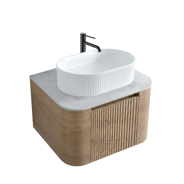 English Elm Erba 24 Inch Fluted Wall Mount Bathroom Vanity with Oval Ceramic Sink and Towel Rack Honey Oak White W1865S00299