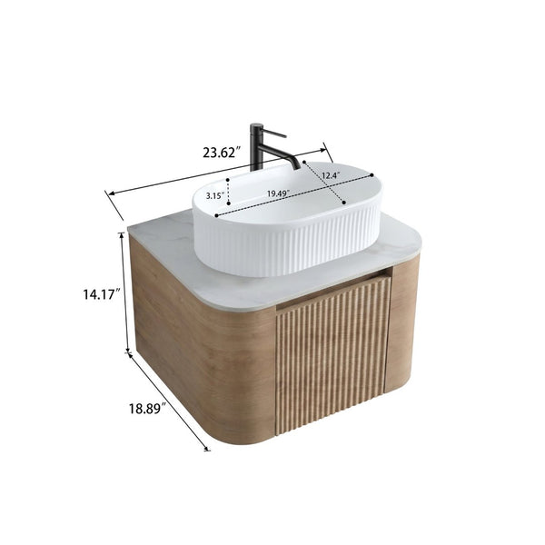 English Elm Erba 24 Inch Fluted Wall Mount Bathroom Vanity with Oval Ceramic Sink and Towel Rack Honey Oak White W1865S00299