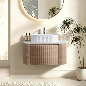 English Elm Erba 30 Inch Fluted Wall Mount Bathroom Vanity with Ceramic Basin and Soft Close Storage Honey Oak White W1865S00300