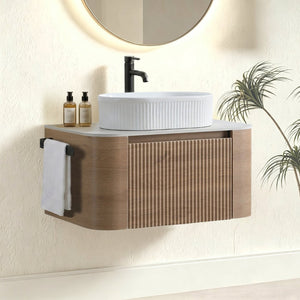 English Elm Erba 30 Inch Fluted Wall Mount Bathroom Vanity with Ceramic Basin and Soft Close Storage Honey Oak White W1865S00300