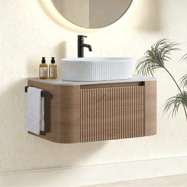English Elm Erba 30 Inch Fluted Wall Mount Bathroom Vanity with Ceramic Basin and Soft Close Storage Honey Oak White W1865S00300