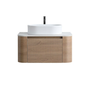 English Elm Erba 30 Inch Fluted Wall Mount Bathroom Vanity with Ceramic Basin and Soft Close Storage Honey Oak White W1865S00300