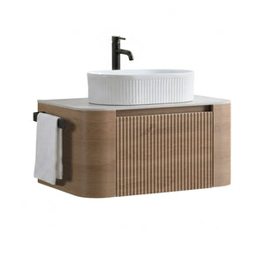English Elm Erba 30 Inch Fluted Wall Mount Bathroom Vanity with Ceramic Basin and Soft Close Storage Honey Oak White W1865S00300
