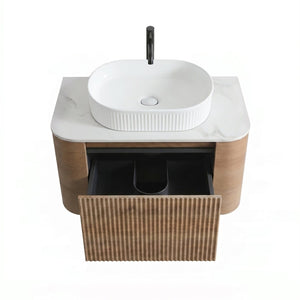 English Elm Erba 30 Inch Fluted Wall Mount Bathroom Vanity with Ceramic Basin and Soft Close Storage Honey Oak White W1865S00300