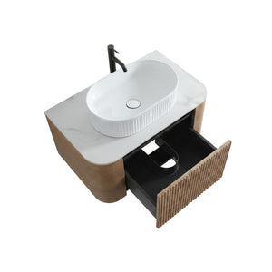 English Elm Erba 30 Inch Fluted Wall Mount Bathroom Vanity with Ceramic Basin and Soft Close Storage Honey Oak White W1865S00300