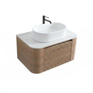 English Elm Erba 30 Inch Fluted Wall Mount Bathroom Vanity with Ceramic Basin and Soft Close Storage Honey Oak White W1865S00300