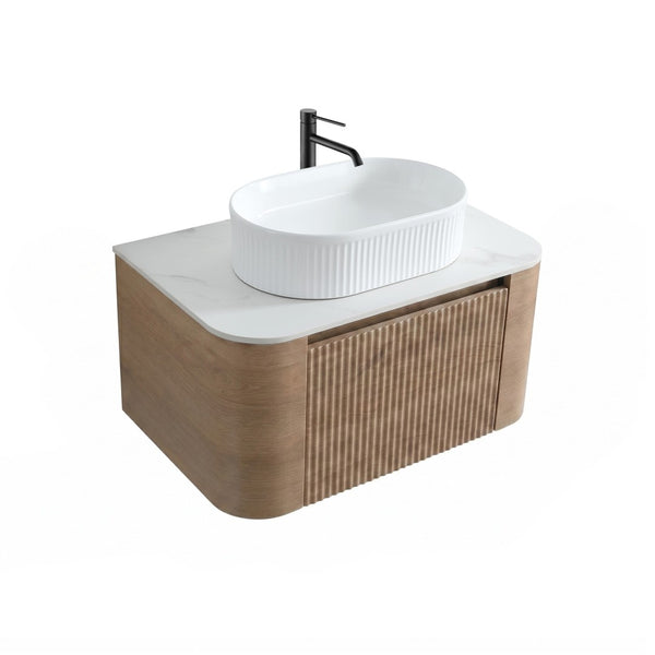 English Elm Erba 30 Inch Fluted Wall Mount Bathroom Vanity with Ceramic Basin and Soft Close Storage Honey Oak White W1865S00300