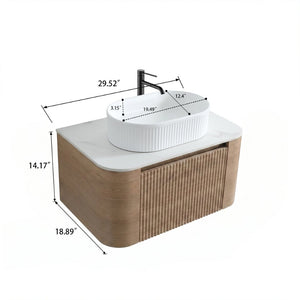 English Elm Erba 30 Inch Fluted Wall Mount Bathroom Vanity with Ceramic Basin and Soft Close Storage Honey Oak White W1865S00300