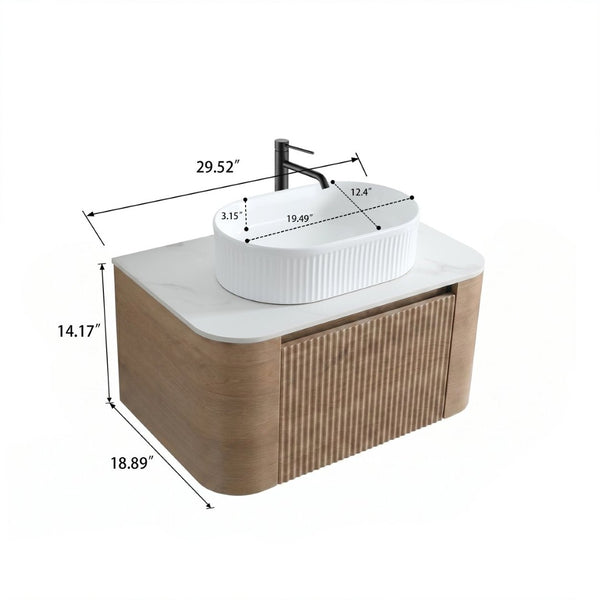 English Elm Erba 30 Inch Fluted Wall Mount Bathroom Vanity with Ceramic Basin and Soft Close Storage Honey Oak White W1865S00300