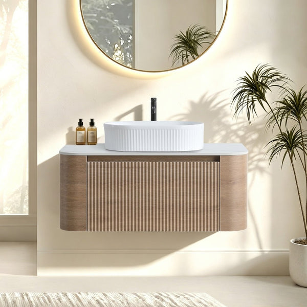 English Elm Erba 36 Inch Fluted Bathroom Vanity with Ceramic Vessel Sink and Matching Towel Rack Honey Oak White W1865S00301