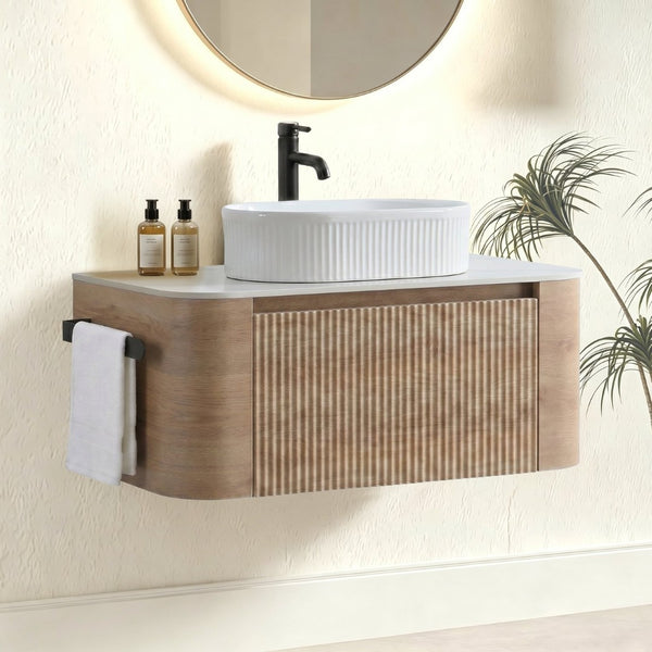 English Elm Erba 36 Inch Fluted Bathroom Vanity with Ceramic Vessel Sink and Matching Towel Rack Honey Oak White W1865S00301