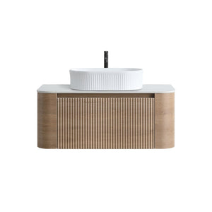 English Elm Erba 36 Inch Fluted Bathroom Vanity with Ceramic Vessel Sink and Matching Towel Rack Honey Oak White W1865S00301