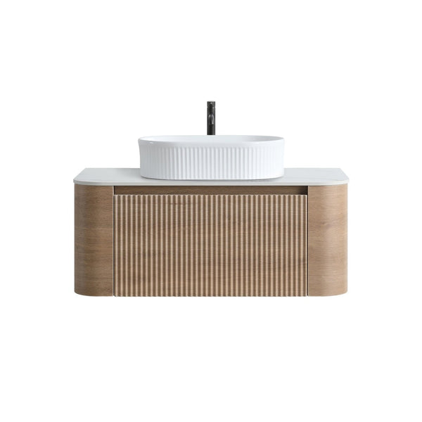 English Elm Erba 36 Inch Fluted Bathroom Vanity with Ceramic Vessel Sink and Matching Towel Rack Honey Oak White W1865S00301