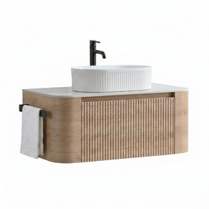 English Elm Erba 36 Inch Fluted Bathroom Vanity with Ceramic Vessel Sink and Matching Towel Rack Honey Oak White W1865S00301